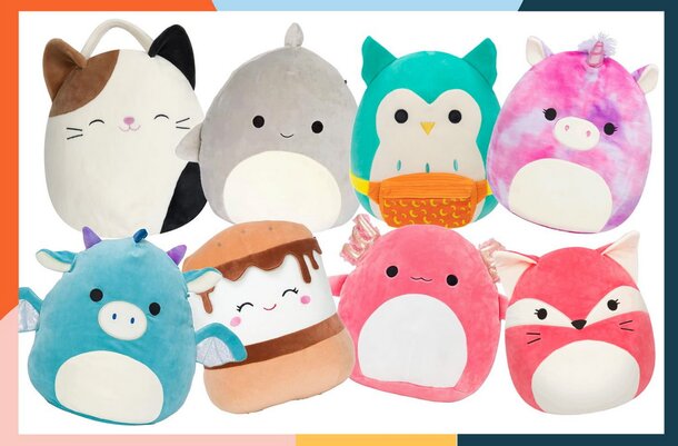 A colorful assortment of stuffed animals featuring various designs and patterns, arranged together on a soft surface.