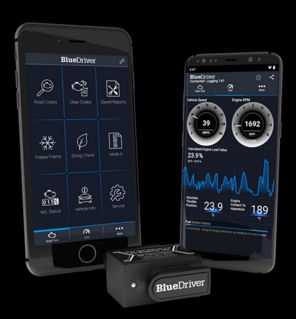 Blackstone's Bluetooth-enabled engine management system displayed on a sleek device, showcasing advanced automotive technology.  