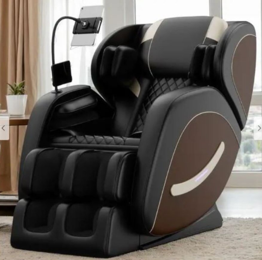 A massage chair with a remote control displayed beside it, showcasing its features and functionality for relaxation.  