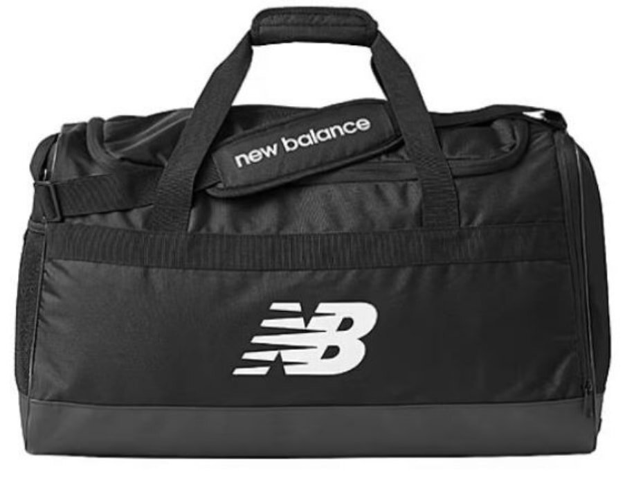 Black and grey New Balance duffel bag displayed against a neutral background, showcasing its sleek design and spacious interior.