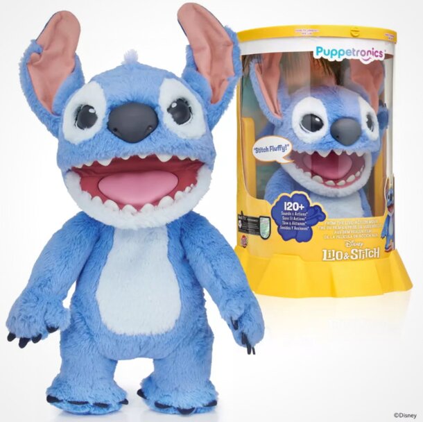 Plush toy of Stitch from Disney, featuring his signature blue color and large ears, perfect for cuddling or display.