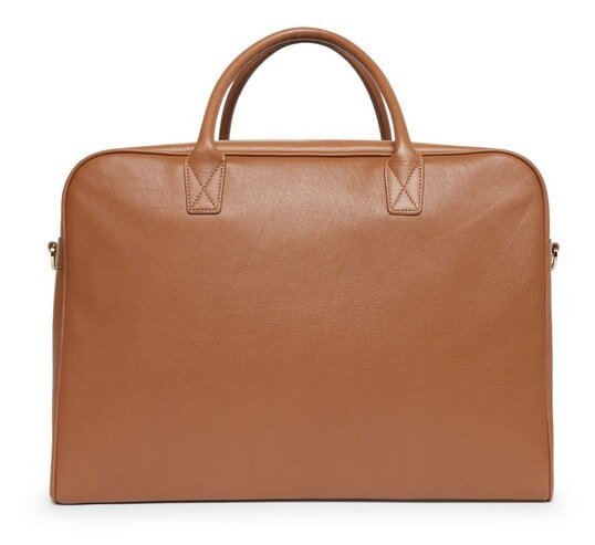 A sleek brown leather briefcase with sturdy handles, perfect for business use, displayed against a plain white background.