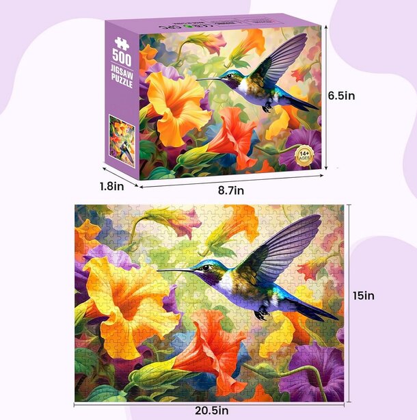 A decorative puzzle box featuring a hummingbird surrounded by vibrant flowers.