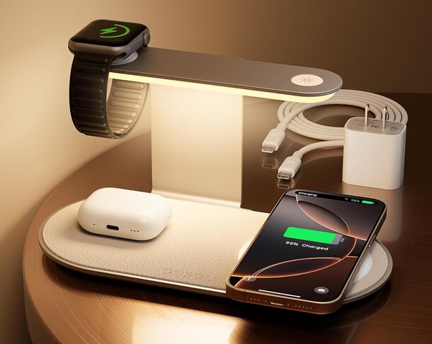 Wireless charging stand designed specifically for Apple Watch, featuring a sleek and modern design for convenient charging.
