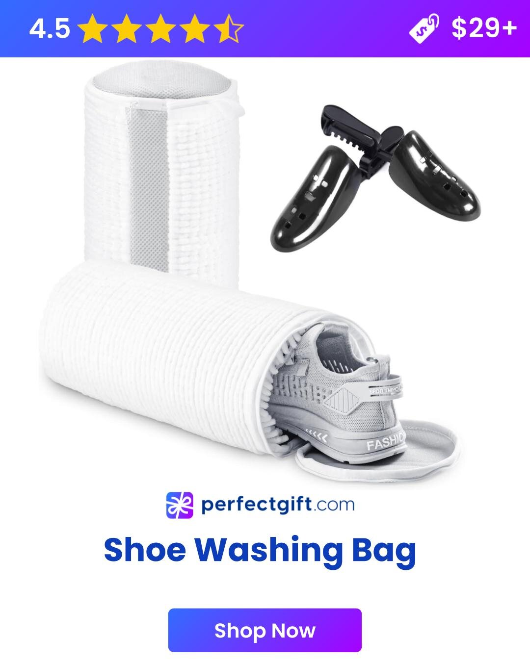Shoe washing bag containing two pairs of shoes, showcasing a practical solution for cleaning footwear efficiently.