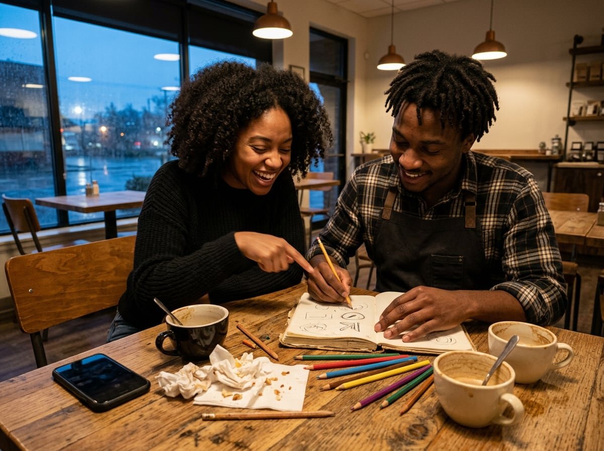 Coffee shop owner sketching logo ideas in a sketchbook while his business partner laughs and points at a doodle at a café table after closing