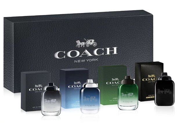 Coach gift set featuring three elegant bottles of perfume arranged in a stylish box.