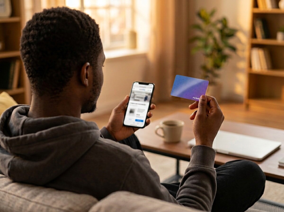 A person checking a PerfectGift gift card against the terms on their phone at home