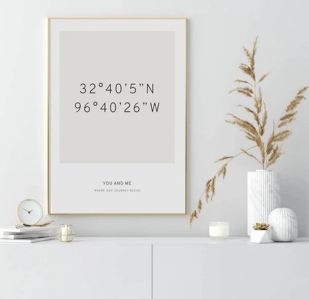 Framed coordinates artwork reading "32°40'5"N 96°40'26"W," with text "You and me, where our journey began," on a mantel with minimalist decor.