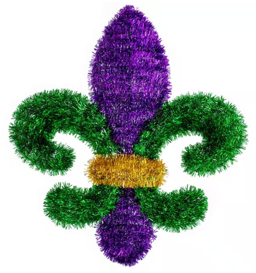 A sparkling fleur-de-lis made of purple, green, and gold tinsel. The vibrant colors and shiny texture evoke festive Mardi Gras celebrations.