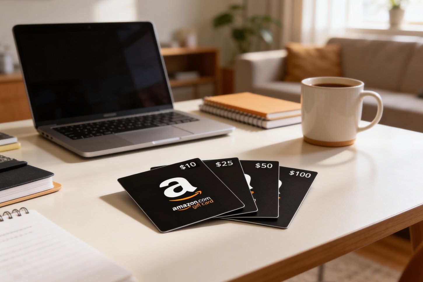 A home office desk with a laptop, notebooks, a mug, and four Amazon gift cards of varying values, conveying a productive and cozy atmosphere.