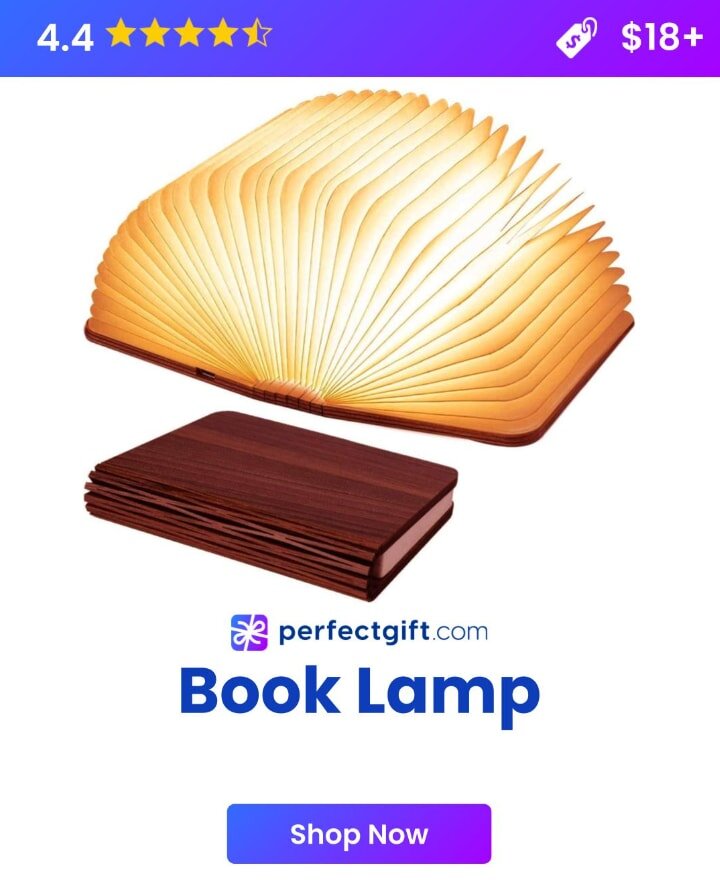 A stylish book lamp designed as a perfect gift, featuring a warm glow and an elegant book-shaped base.