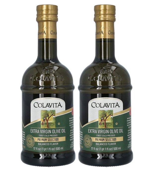 Two bottles of Colavita extra virgin olive oil displayed side by side on a neutral background.