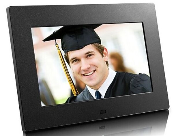 A black digital photo frame displaying a graduation cap placed on top, symbolizing academic achievement.