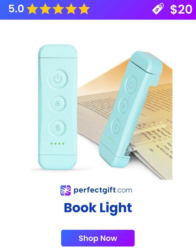 A compact, adjustable book light illuminating an open book, ideal for reading in low-light conditions.