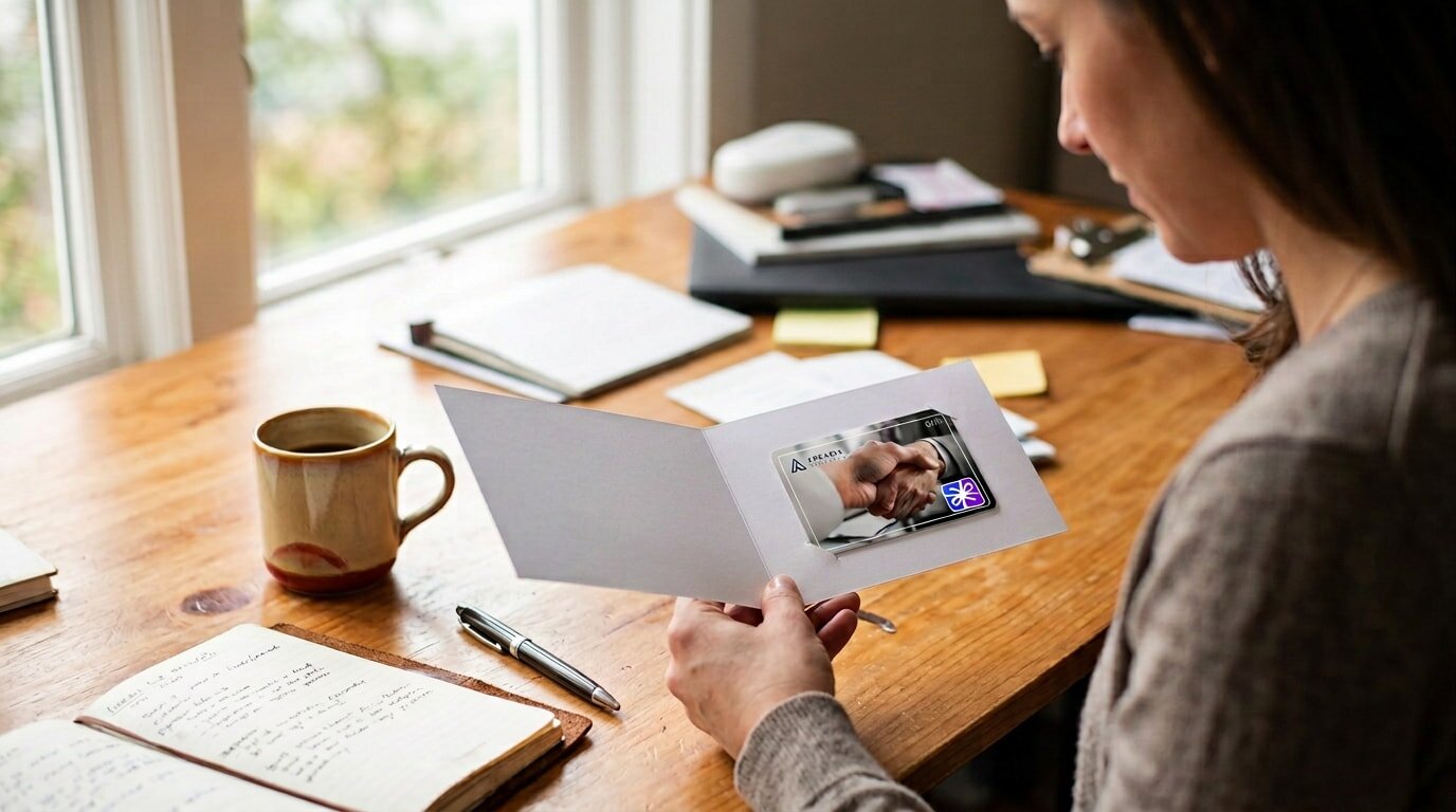 A woman smiles while holding a framed photo of her baby, showcasing a moment of joy and affection. 