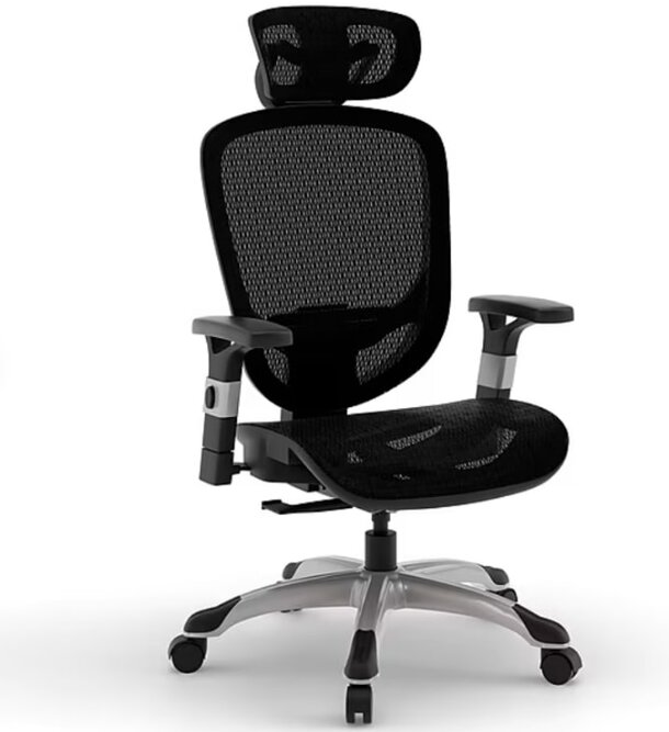 A black office chair featuring a mesh back and armrests, designed for ergonomic support and comfort.