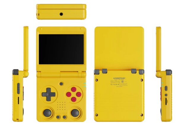 A yellow Nintendo DS game console featuring a dual screen design, showcasing its portable gaming capabilities.