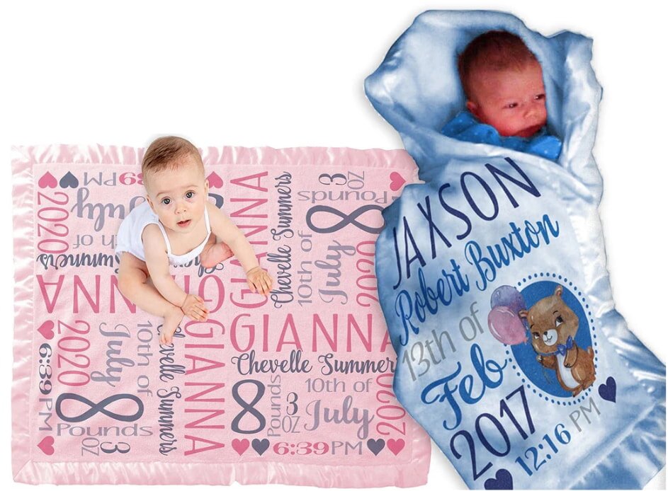 Two babies on personalized blankets: one on a pink blanket with "Gianna" in various fonts, the other wrapped in a blue blanket with "Jaxson" and bear design.