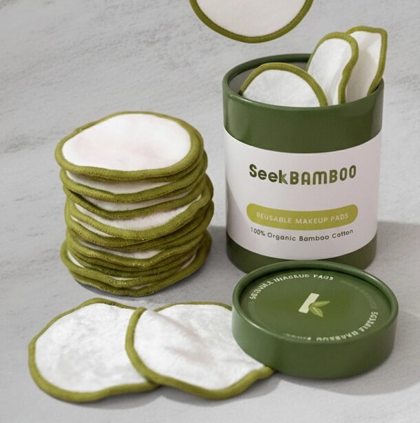 Seekbamboo cotton rounds pads displayed in a neat arrangement, showcasing their eco-friendly design and soft texture.