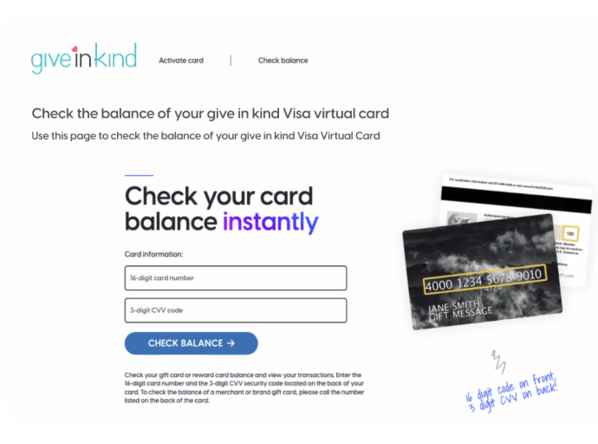 Check balance landing page for gift cards
