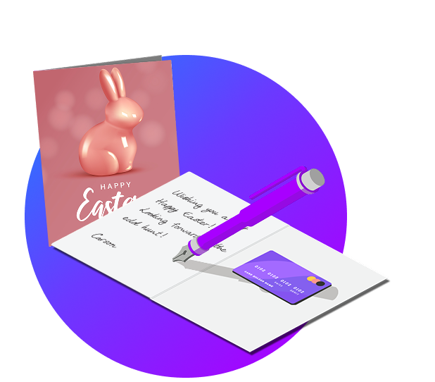 Two customized greeting cards. One opened with text and a gift card inside. 