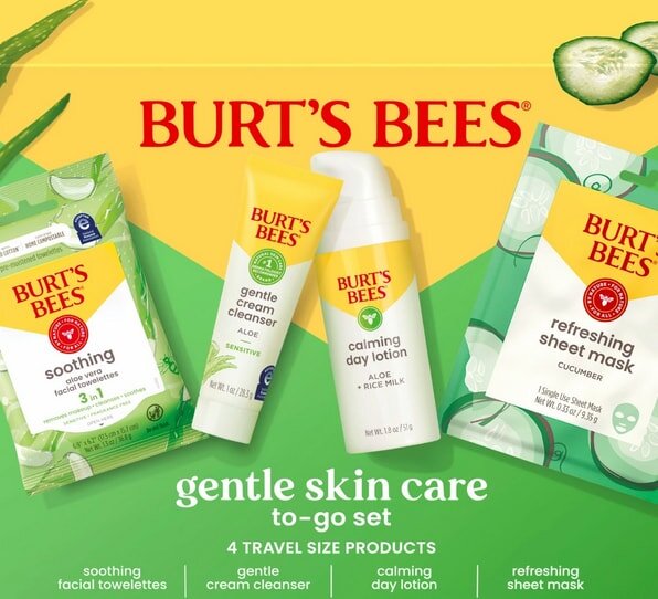 Burt's Bees gentle skin care set with soothing wipes, cream cleanser, calming lotion, and refreshing sheet mask.