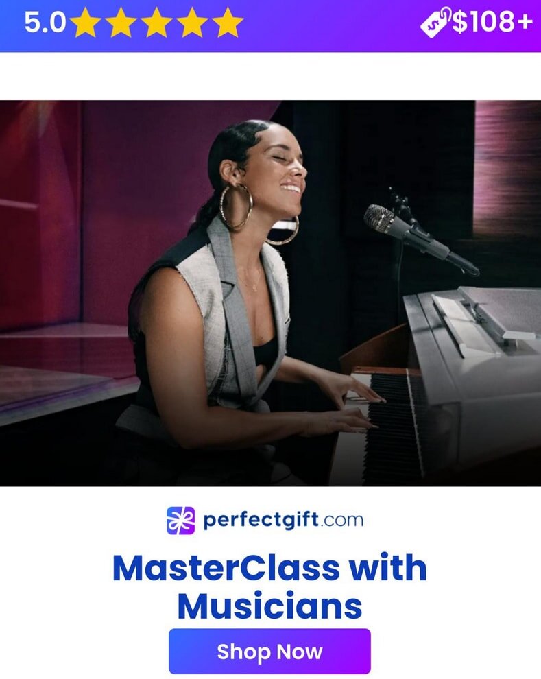 Singer at piano in a MasterClass ad with 5-star rating, promoting music lessons. Price starts at $108. Shop now on perfectgift.com.