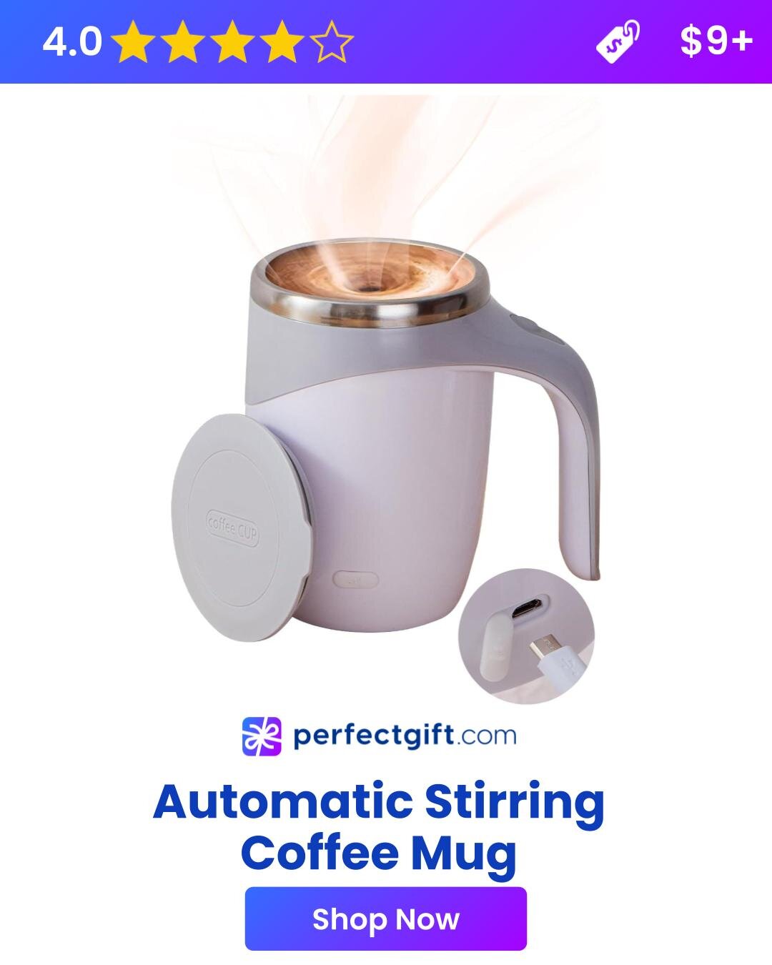 Automatic stirring coffee mug with a sleek design, featuring a rotating mechanism for effortless mixing of beverages.
