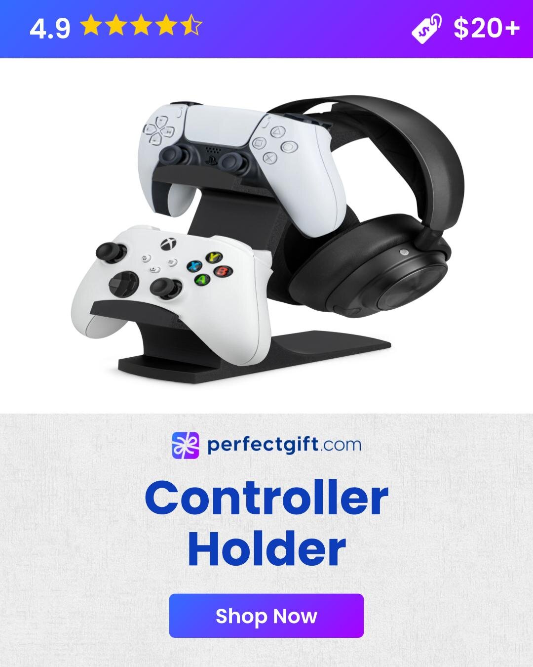 Controller holder with headphones, rated 4.9 stars, priced $20+, available at perfectgift.com. Shop now for gaming essentials.