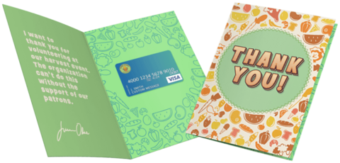 Two colorful greeting cards displayed open and closed, with a 'Thank You' message and decorative patterns.