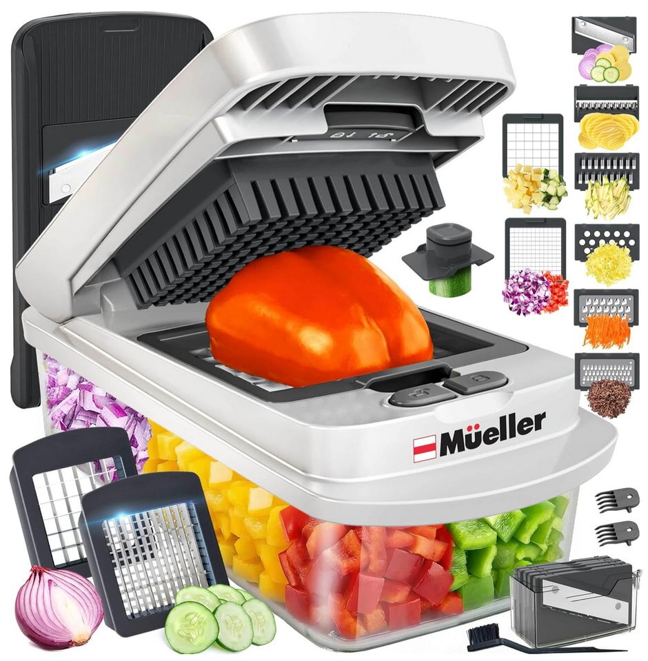 A vegetable slicer surrounded by various sliced vegetables and kitchen items, showcasing its functionality and versatility.
