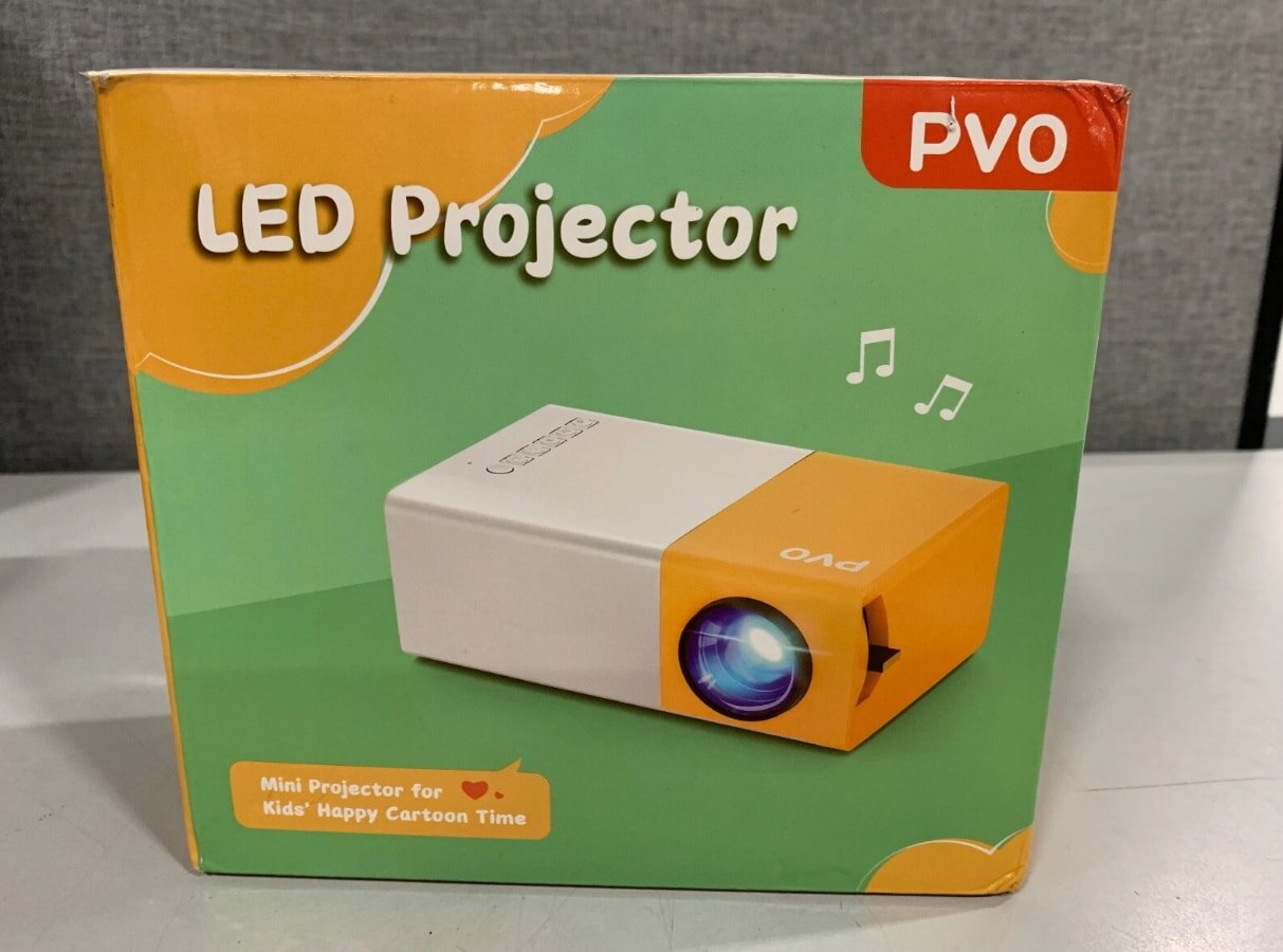 A LED projector inside a box, emphasizing the product and its packaging details.