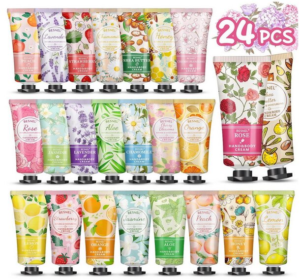Set of 24 hand creams and lotions in various scents for moisturizing and nourishing skin.