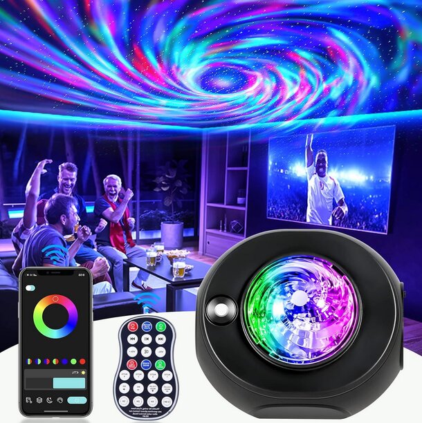 A remote control next to a projector emitting a vibrant, colorful light, showcasing its functionality and design.