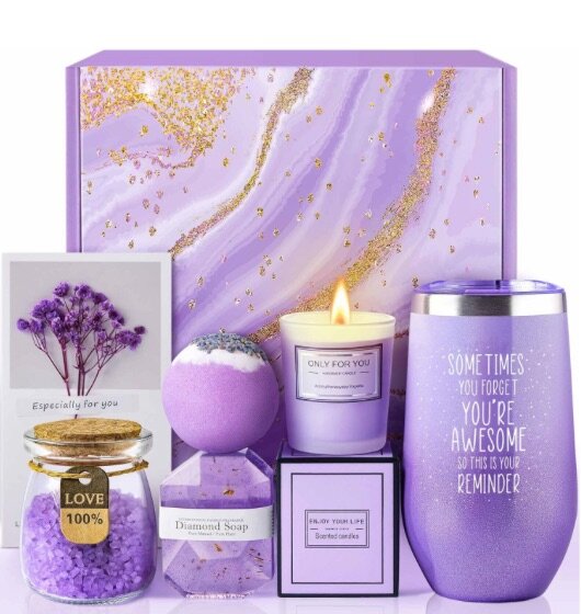 lavender-inspired self care set with everything your sister needs for some well-deserved r and r