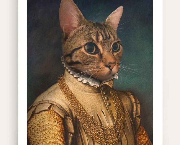 A cat dressed in a gold dress adorned with a necklace, showcasing a stylish and elegant appearance.