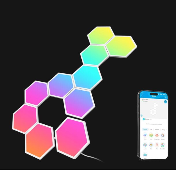 A smartphone placed beside a glowing hexagon-shaped light, showcasing a modern tech and design aesthetic.