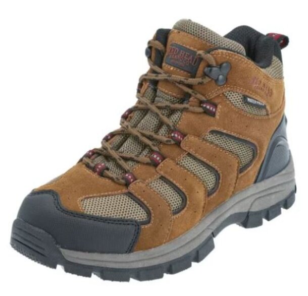 Brown Columbia men's hiking boot featuring a black and gray color scheme, designed for outdoor activities.