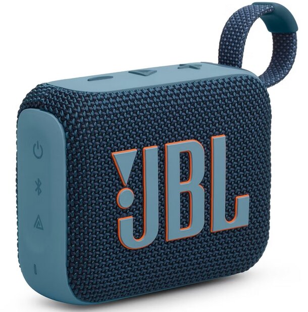 Compact blue JBL portable speaker with a woven texture, featuring orange-outlined logo and control buttons. Includes a loop for easy carrying.
