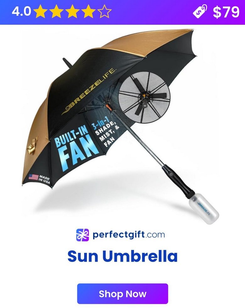 Sun umbrella with built-in fan, 3-in-1 shade, mist, and fan feature. Rated 4 stars, priced at $79. Shop now at perfectgift.com.