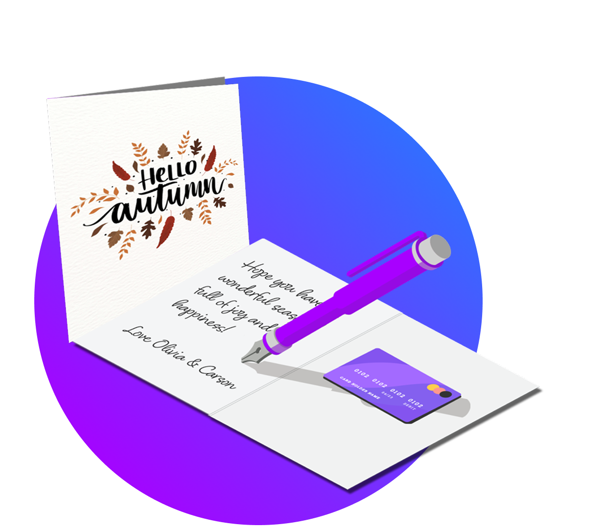Two customized greeting cards. One opened with text and a gift card inside. 