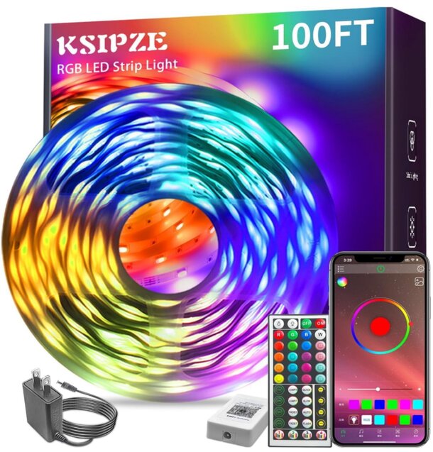 Kspize 100ft LED strip light kit shown with a remote control, designed for versatile and adjustable lighting solutions.