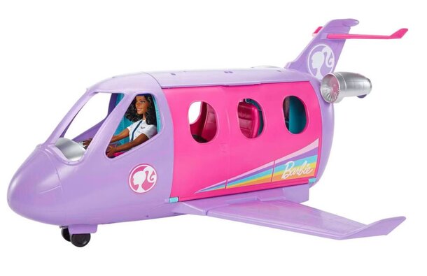 Pink Barbie Dream Jet with stylish design, featuring large windows and colorful accents, ready for imaginative play.