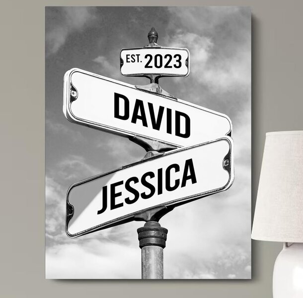 Black and white photo of a street sign displaying the names "David" and "Jessica."