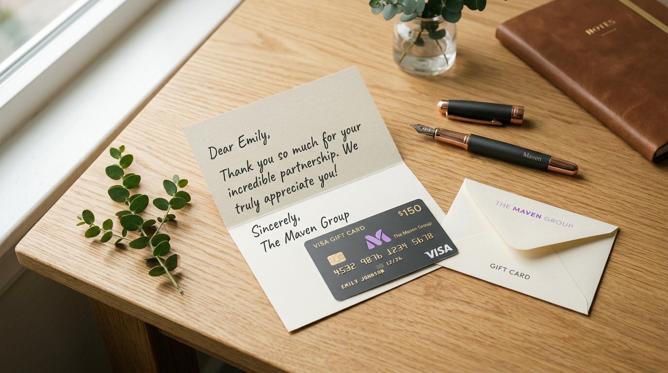 A thank you card with a Visa gift card from The Maven Group lies open on a wooden table, accompanied by a pen and envelope.
