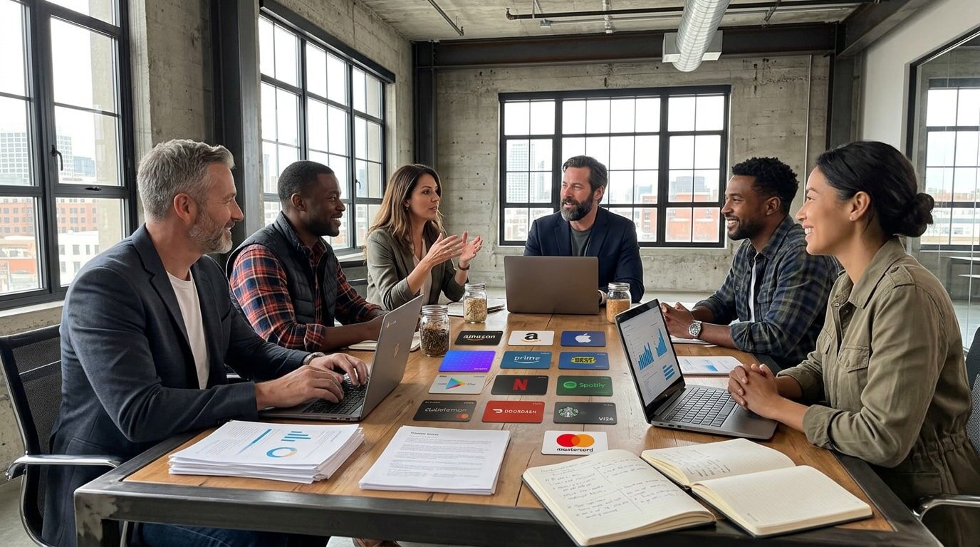 A group of five individuals seated at a table, each using laptops, engaged in a collaborative discussion. 
