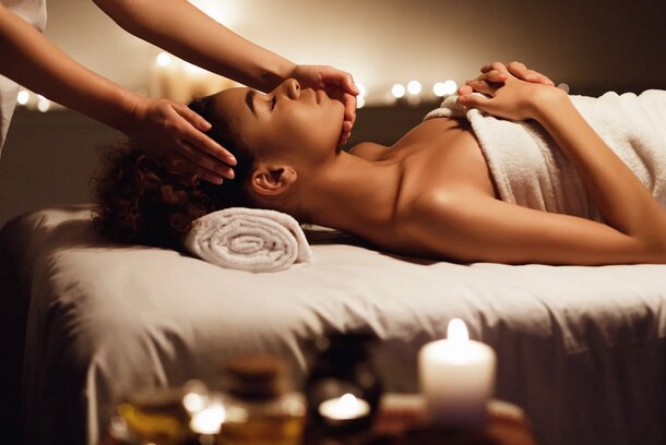 A woman lies on a massage table, experiencing a calming treatment in a peaceful spa atmosphere.