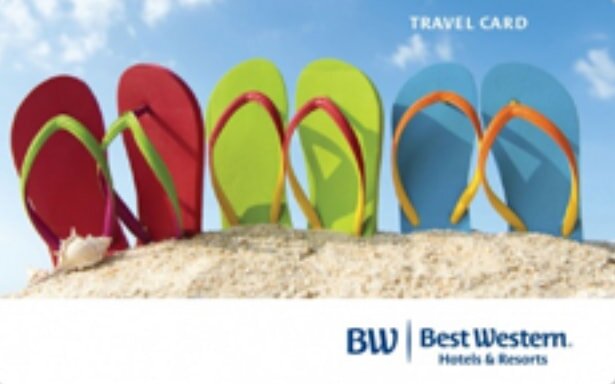 Colorful flip-flops on sandy beach with blue sky, promoting Best Western Hotels & Resorts travel card.