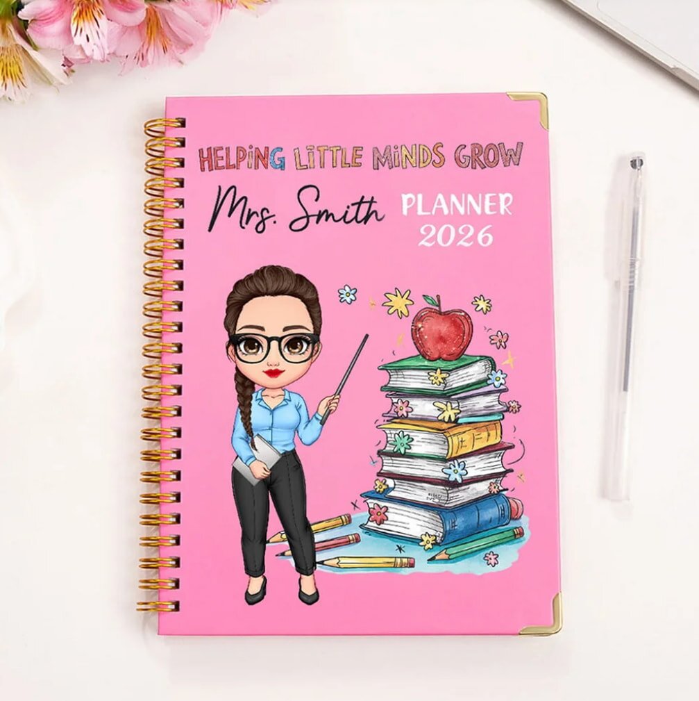 Pink teacher planner with cartoon teacher and books